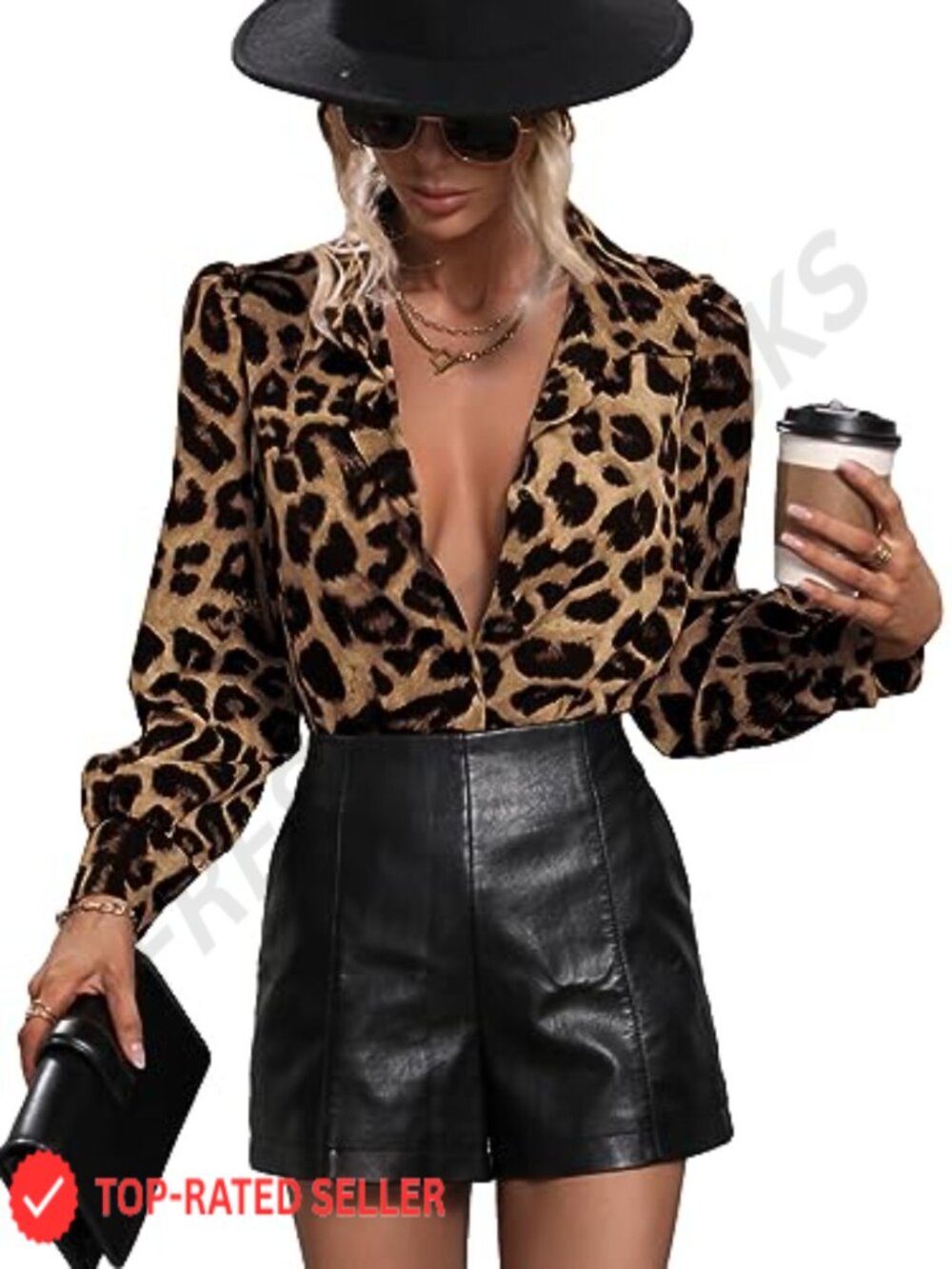Women's Leopard Print Button Down Blouse Puff Sleeve Work Top
